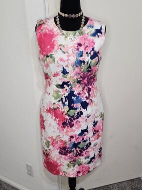 DKNY White Floral Midi Dress with Pink, Navy & Green Accent Sz 10